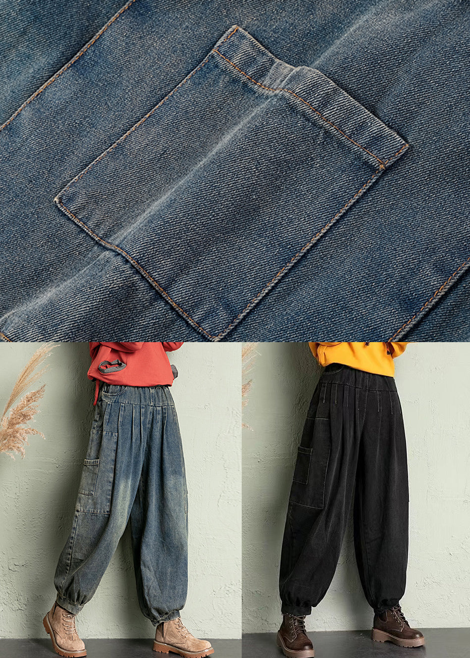 Vintage Blue Pockets Elastic Waist Denim Crop Pants Spring