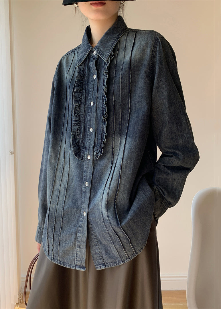 Vintage Blue Ruffled Button Denim Shirt Fall