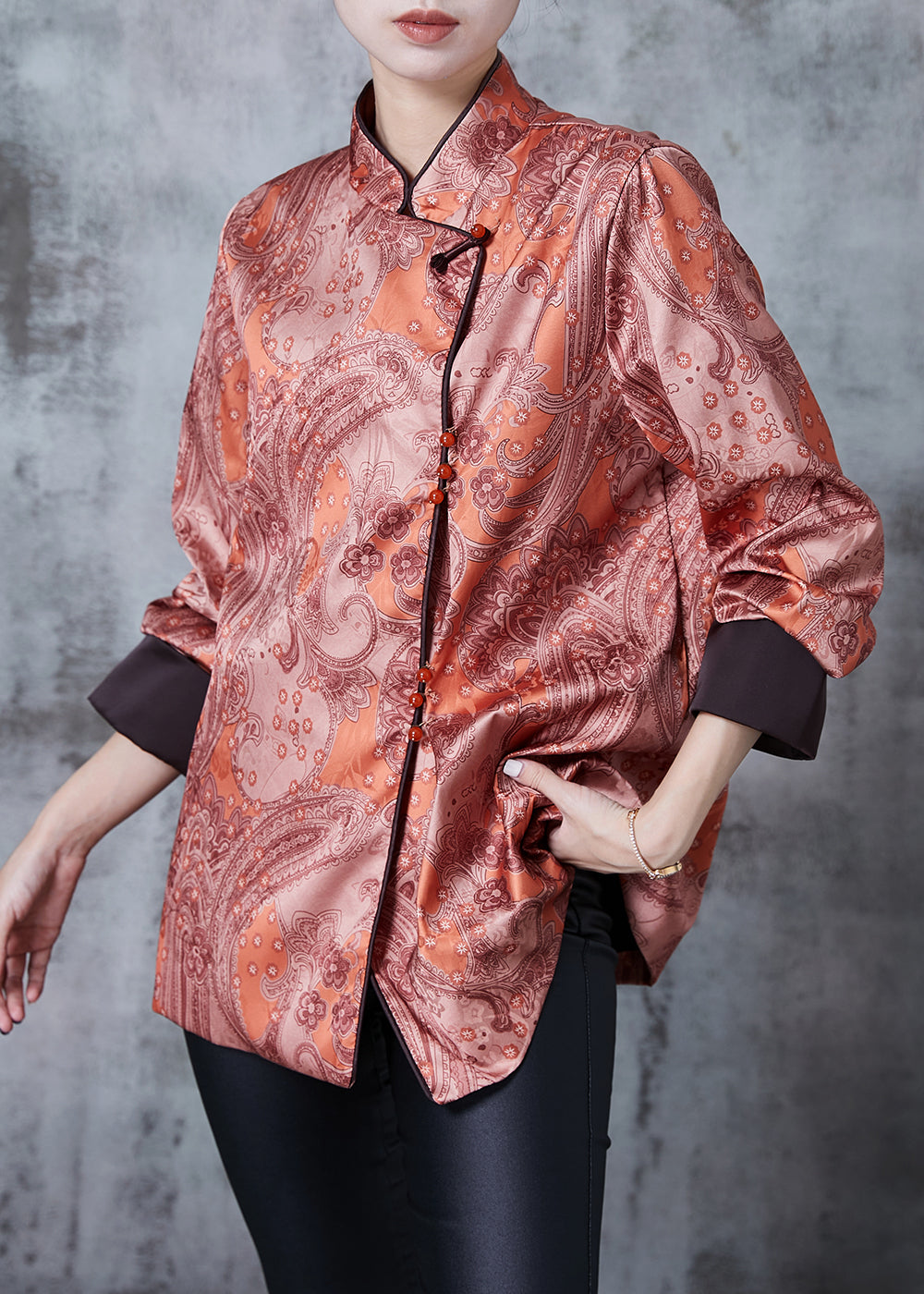 Vintage Brick Red Mandarin Collar Print Silk Shirt Spring