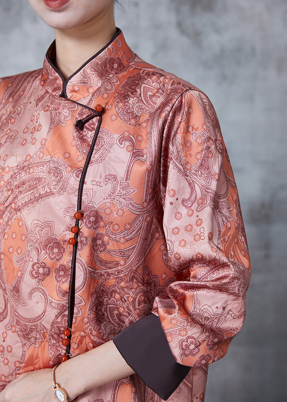 Vintage Brick Red Mandarin Collar Print Silk Shirt Spring