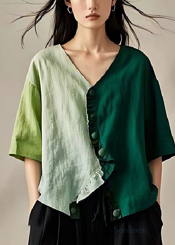 Vintage Colorblock Ruffled Asymmetrical Design Linen Top Summer