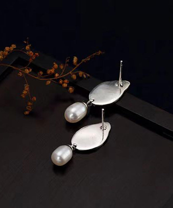 Vintage Colorblock Sterling Silver Pearl Leaf Drop Earrings