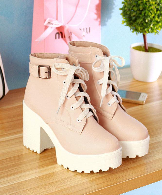 Vintage Cross Strap Chunky Boots Pink Faux Leather - SooLinen