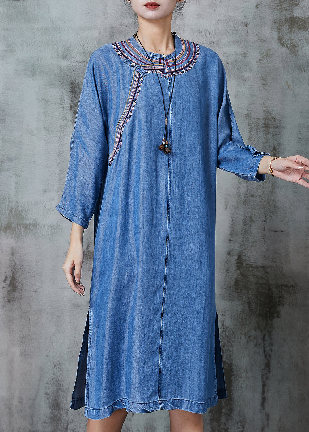 Vintage Denim Blue Embroidered Side Open Dresses Summer