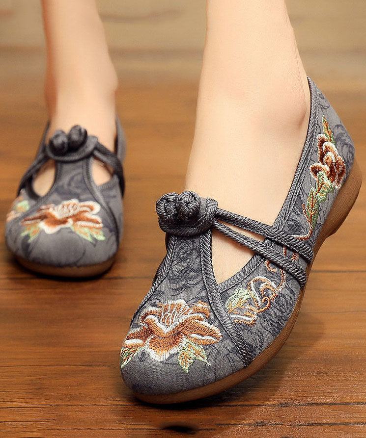 Vintage Embroidered Flat Shoes For Women Grey Cotton Fabric Chinese Button