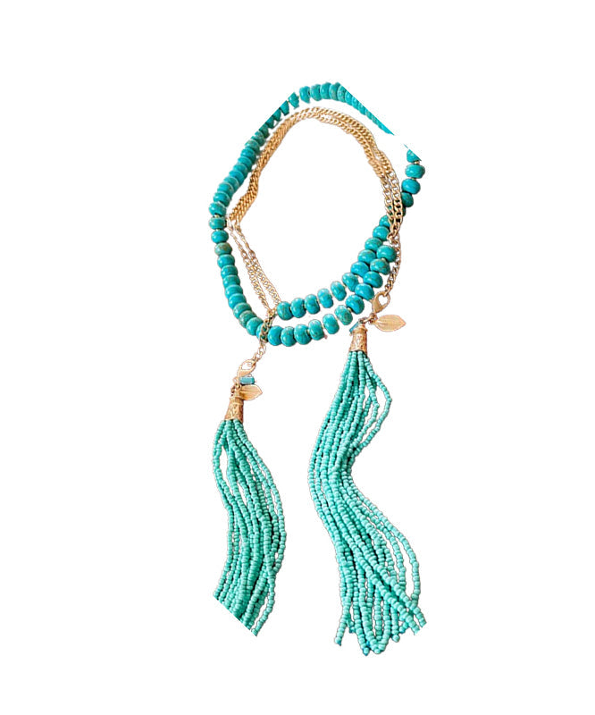 Vintage Gold Alloy Turquoise Beading Tassel Gratuated Bead Necklace