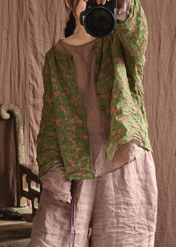 Vintage Green Button Print Linen Blouse Long Sleeve