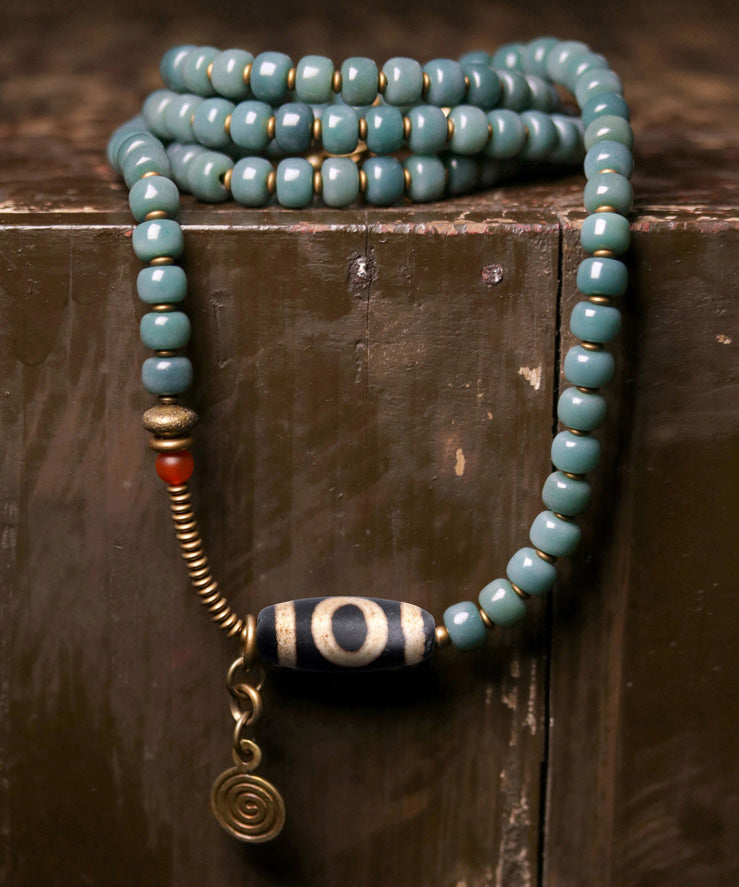 Vintage Green Copper Bodhi Beading Tassel Charm Bracelet