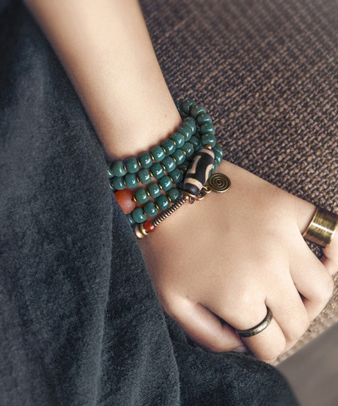 Vintage Green Copper Bodhi Beading Tassel Charm Bracelet