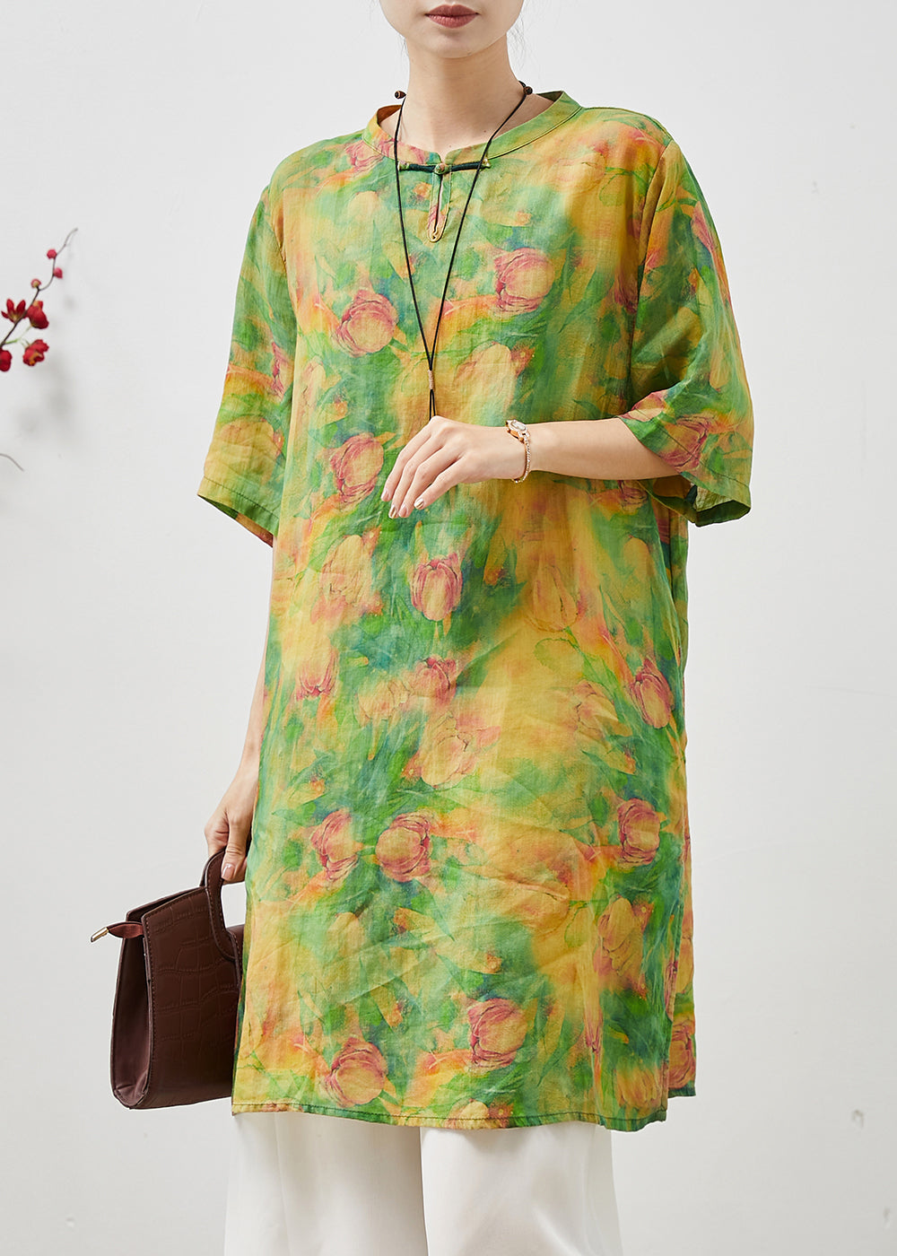 Vintage Green Floral Tie Dye Linen Oriental Dress Summer