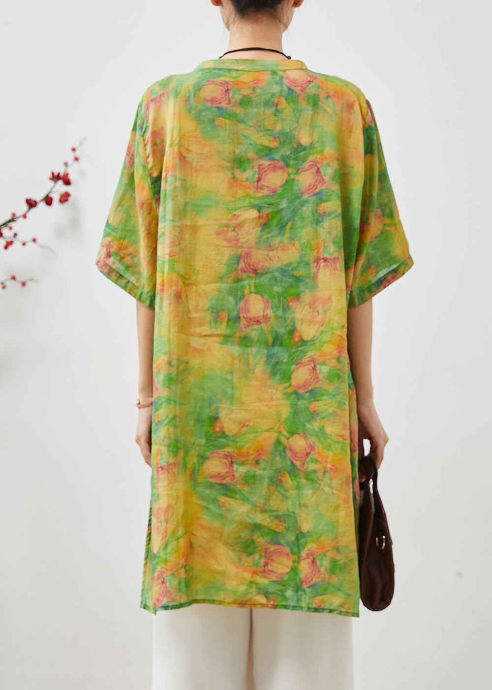 Vintage Green Floral Tie Dye Linen Oriental Dress Summer