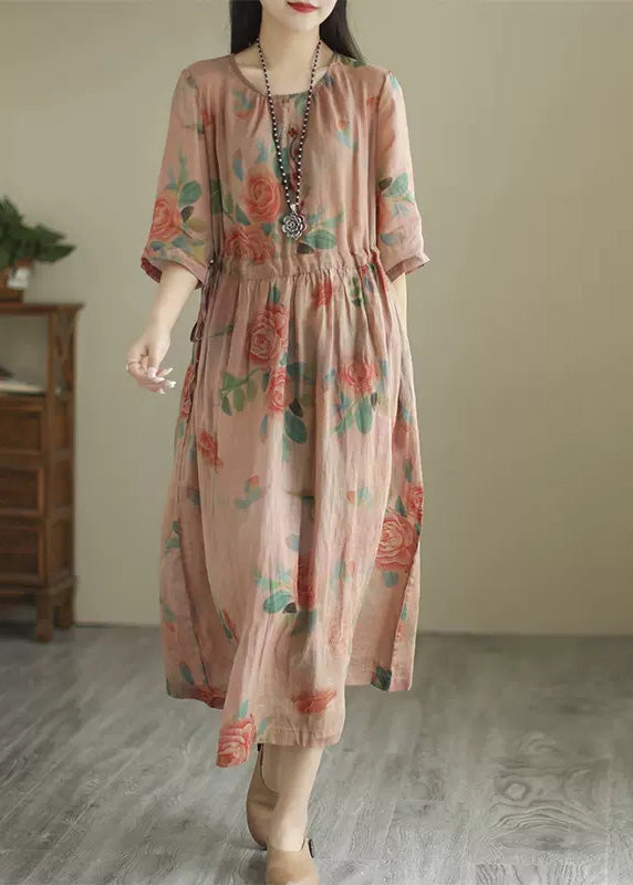 Vintage Brown Dragon O-Neck Print Wrinkled Long Dress Summer