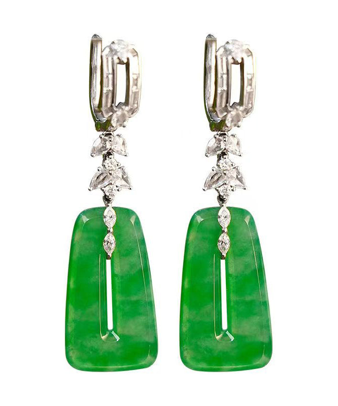 Vintage Green Sterling Silver Jade Square Hollow Out Drop Earrings