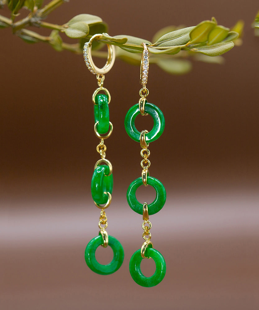 Vintage Green Sterling Silver Overgild Jade Circle Drop Earrings