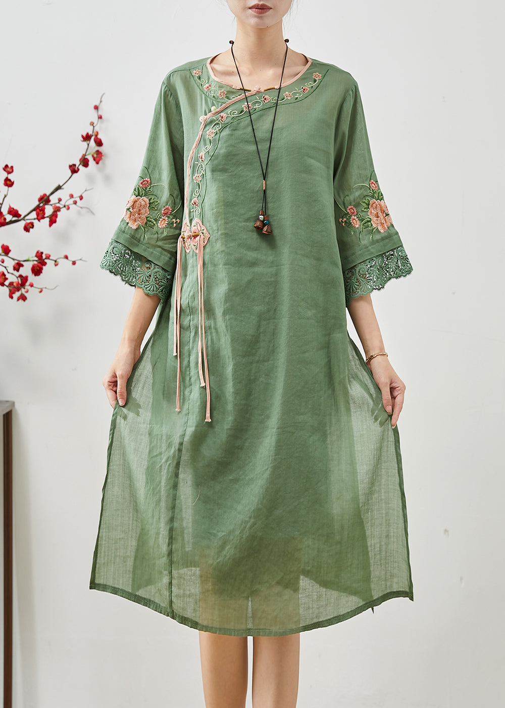 Vintage Green Tasseled Embroidered Linen Dresses Summer