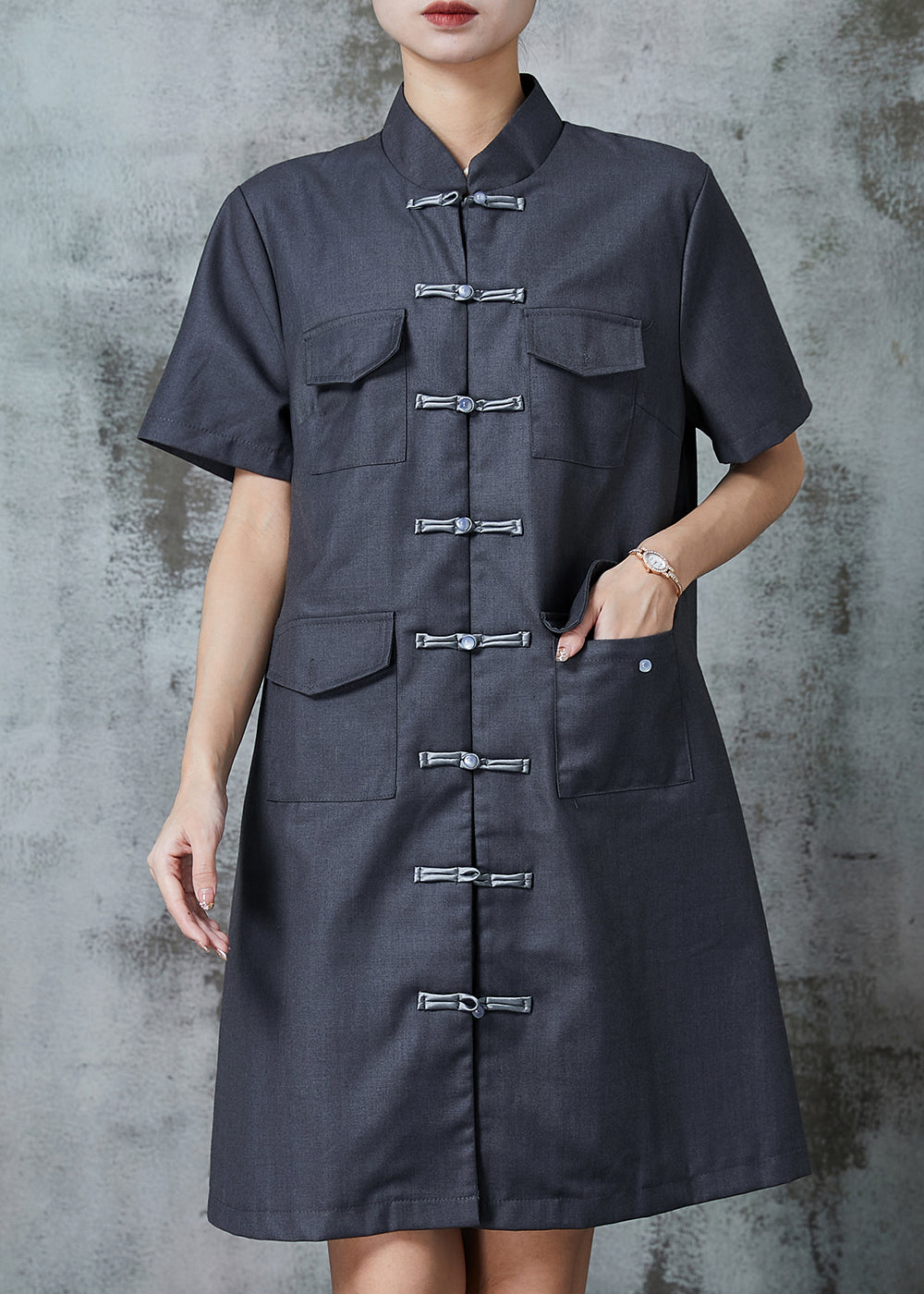 Vintage Grey Chinese Button Pockets Linen Dress Summer