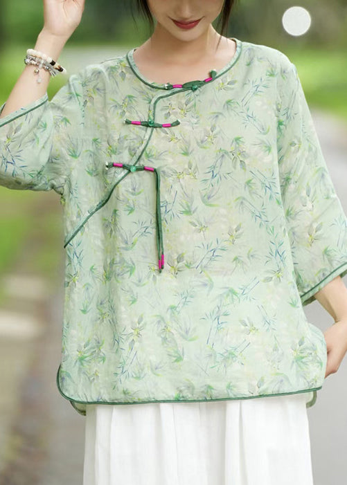 Vintage Khaki Button Print Linen Blouse Bracelet Sleeve