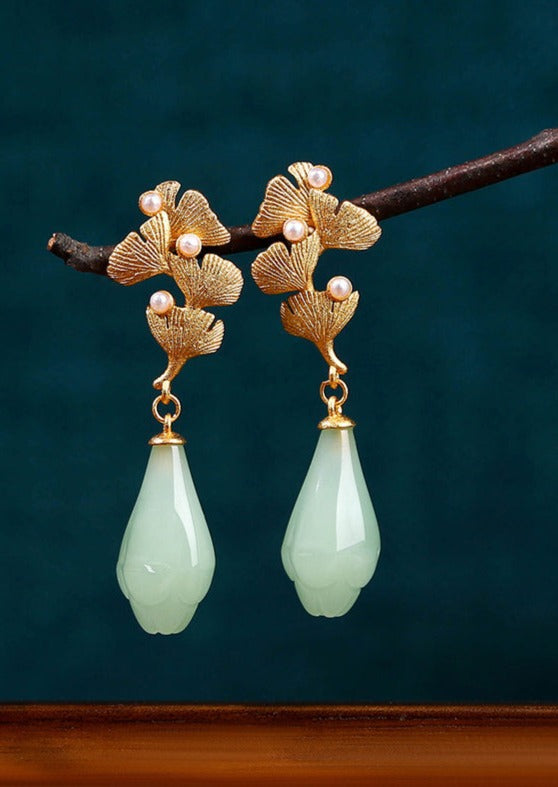 Vintage Light Green Copper Overgild Pearl Ginkgo Leaf Water Drop Drop Earrings