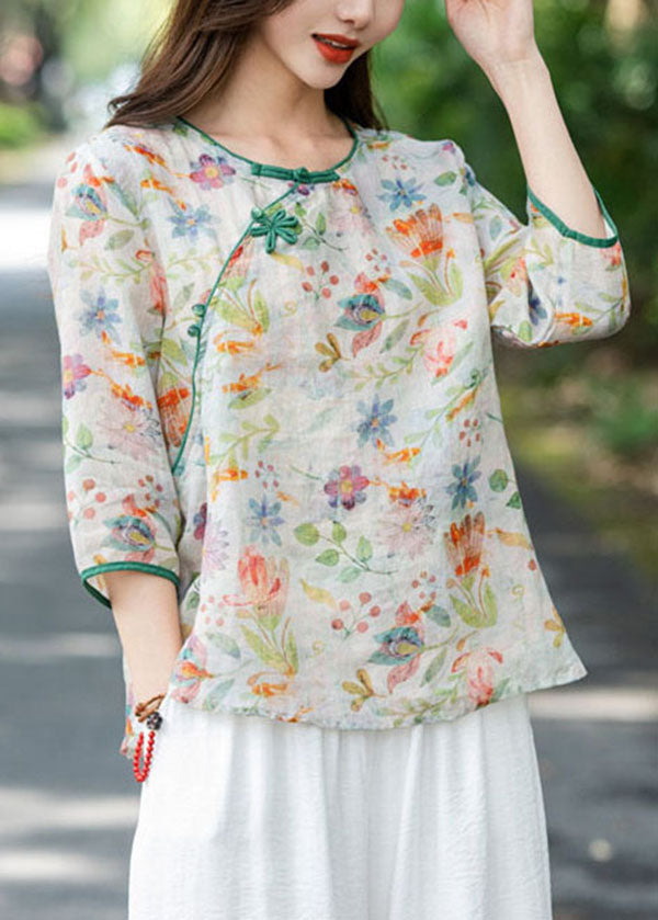 Vintage Pink Floral Linen Shirts Bracelet Sleeve