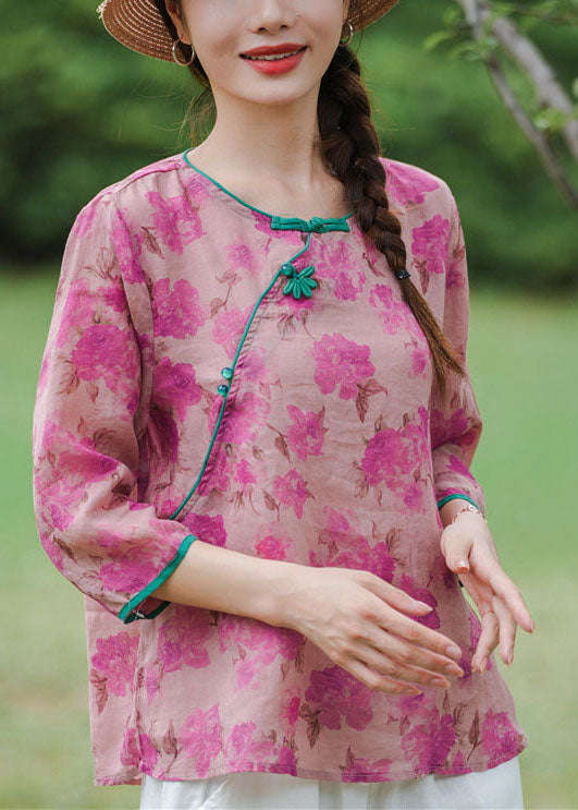 Vintage Pink Floral Linen Shirts Bracelet Sleeve