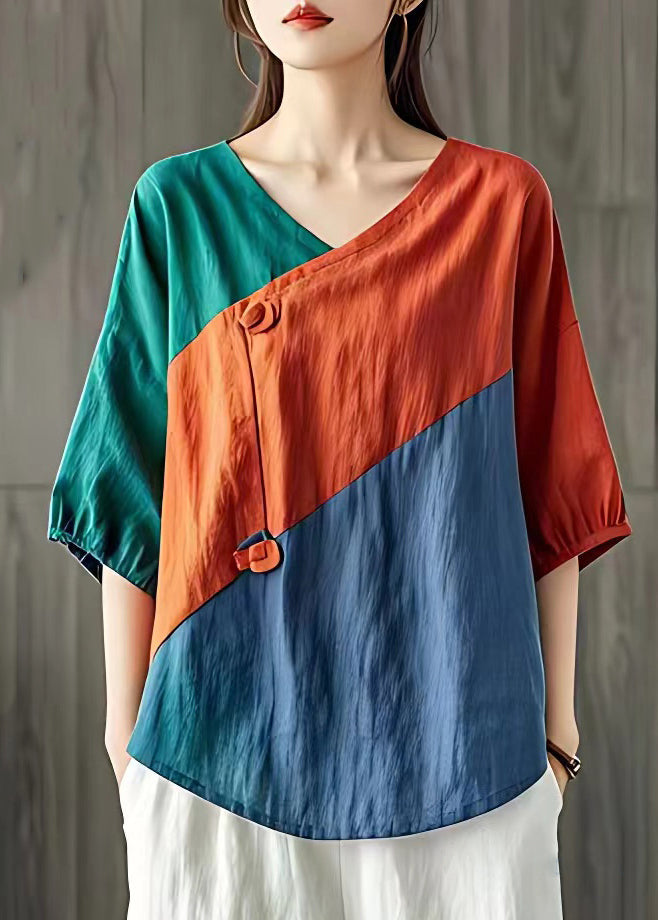 Vintage Orange V Neck Patchwork Cotton T Shirts Half Sleeve