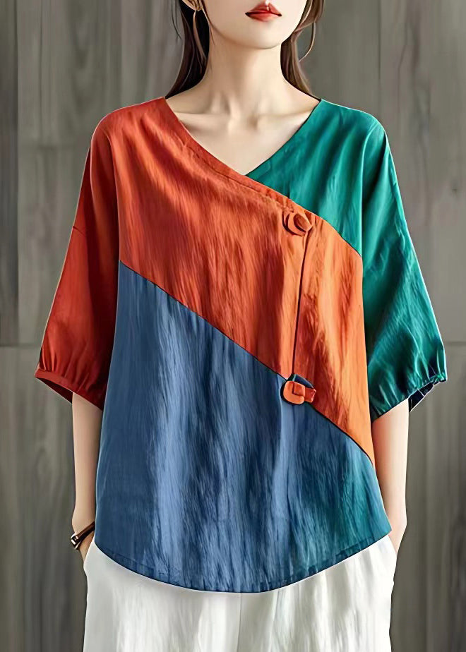 Vintage Orange V Neck Patchwork Cotton T Shirts Half Sleeve