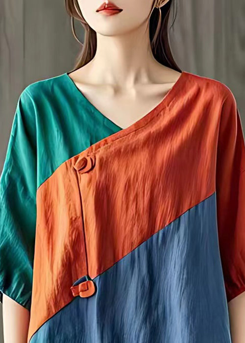 Vintage Orange V Neck Patchwork Cotton T Shirts Half Sleeve