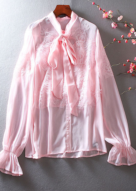 Vintage Pink Embroidered Chiffon Shirt Top Spring