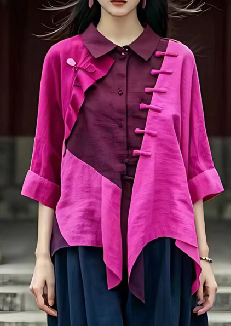 Vintage Purple Asymmetrical Patchwork Linen Shirt Top Summer