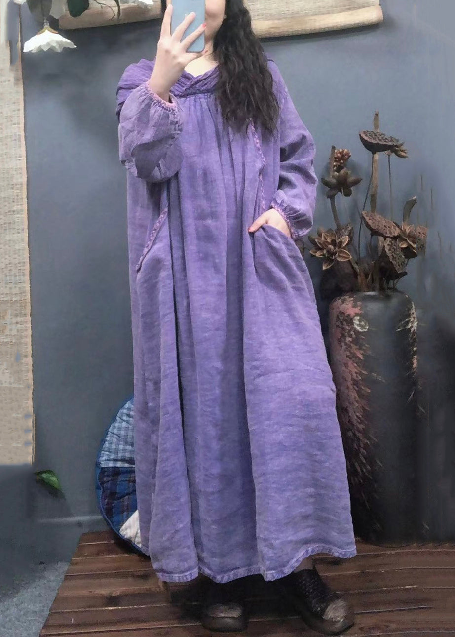 Vintage Purple Hooded Pockets Solid Linen Long Dress Spring