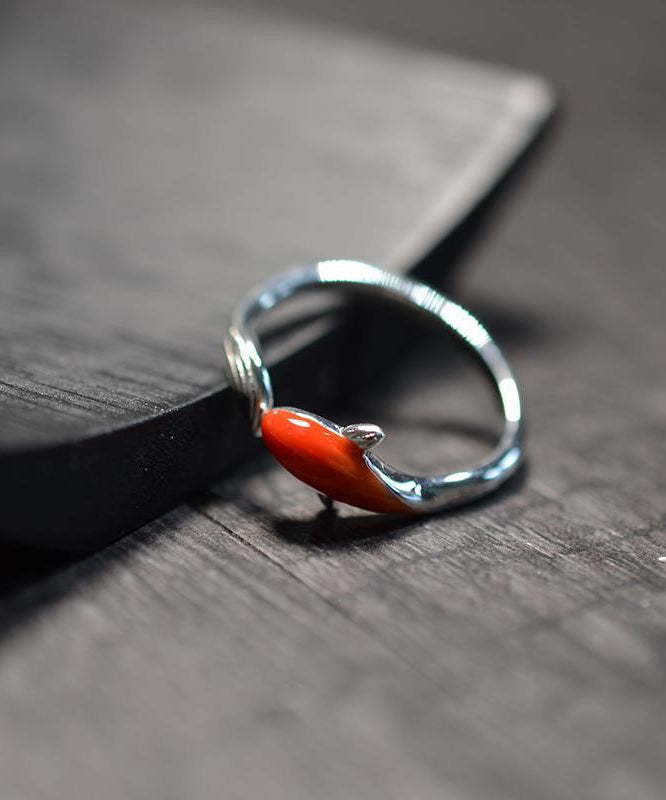 Vintage Red Sterling Silver Brocaded Carp Open Rings