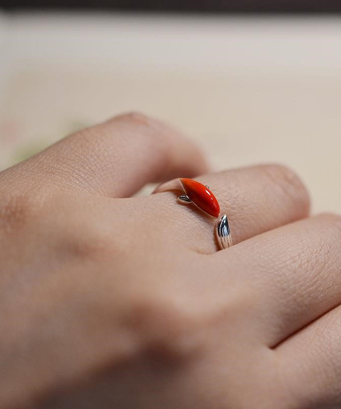 Vintage Red Sterling Silver Brocaded Carp Open Rings