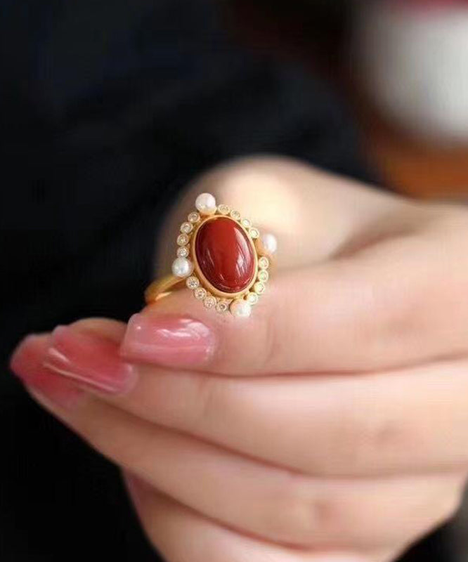 Vintage Red Sterling Silver Overgild Agate Rings