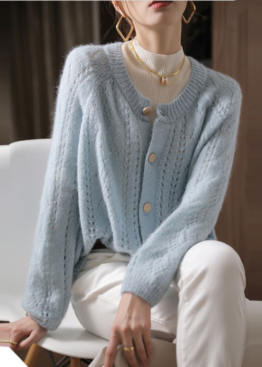 Vintage Sky Blue Oversized Chunky Knit Cardigan Spring