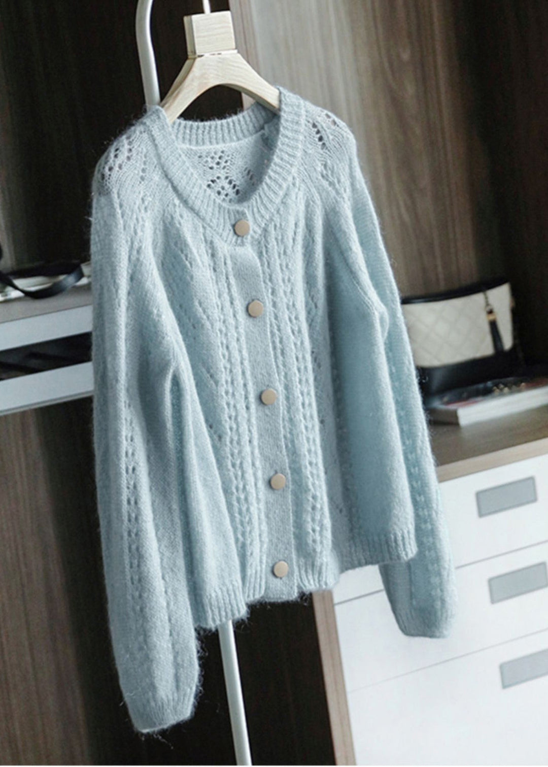 Vintage Sky Blue Oversized Chunky Knit Cardigan Spring