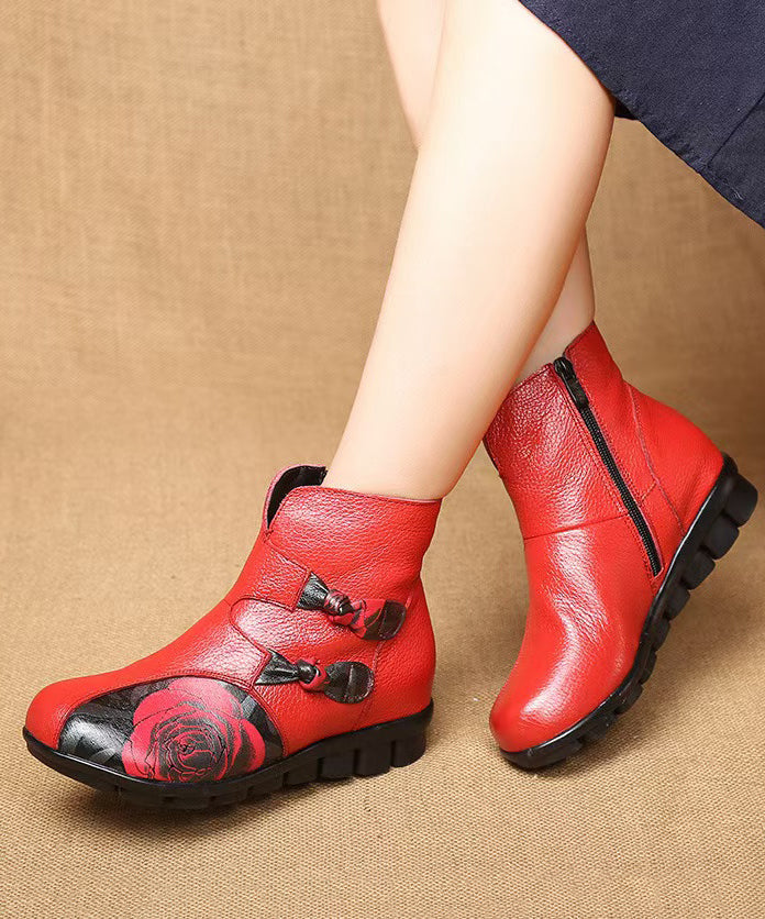 Vintage Splicing Ankle Boots Red Print Cowhide Leather