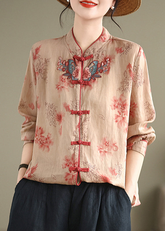 Vintage Stand Collar Print Button Shirt Fall