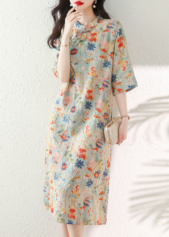 Vintage Stand Collar Print Chinese Button Cotton Dress Summer