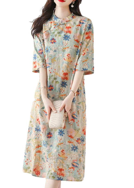 Vintage Stand Collar Print Chinese Button Cotton Dress Summer