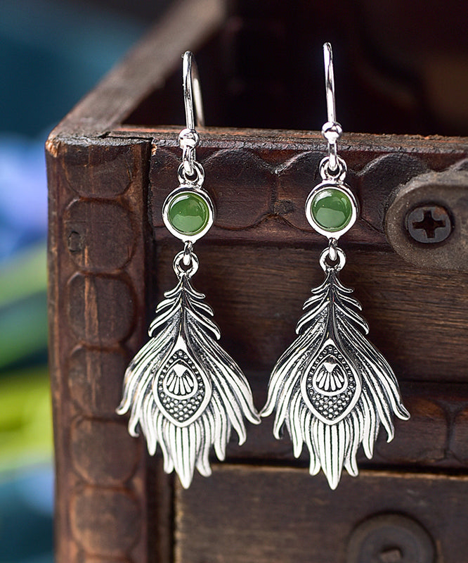 Vintage Sterling Silver Jade Feather Drop Earrings