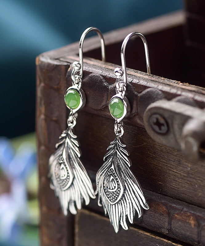 Vintage Sterling Silver Jade Feather Drop Earrings