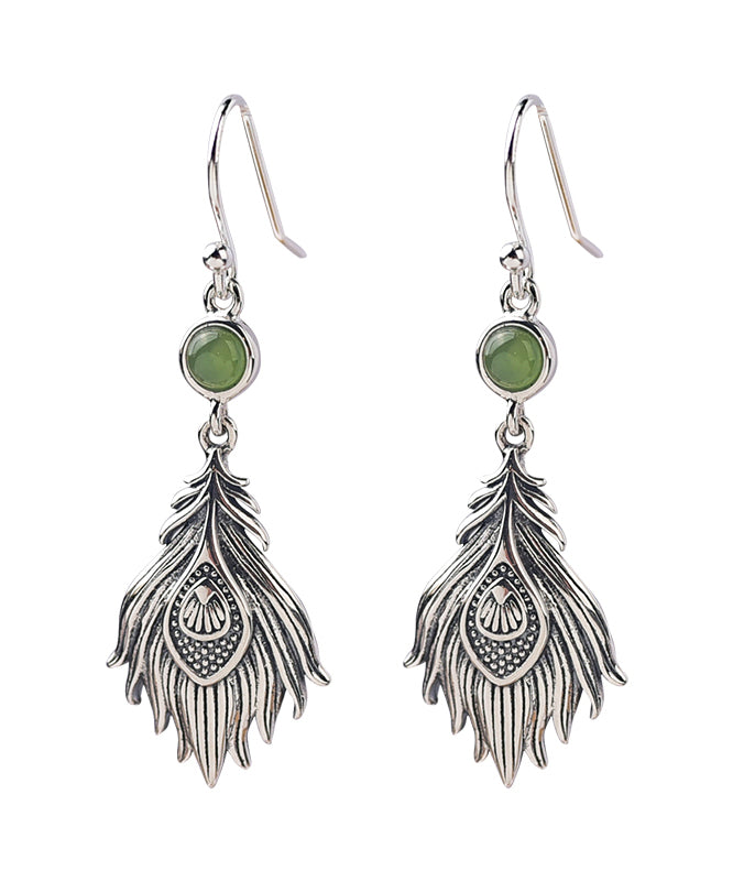 Vintage Sterling Silver Jade Feather Drop Earrings