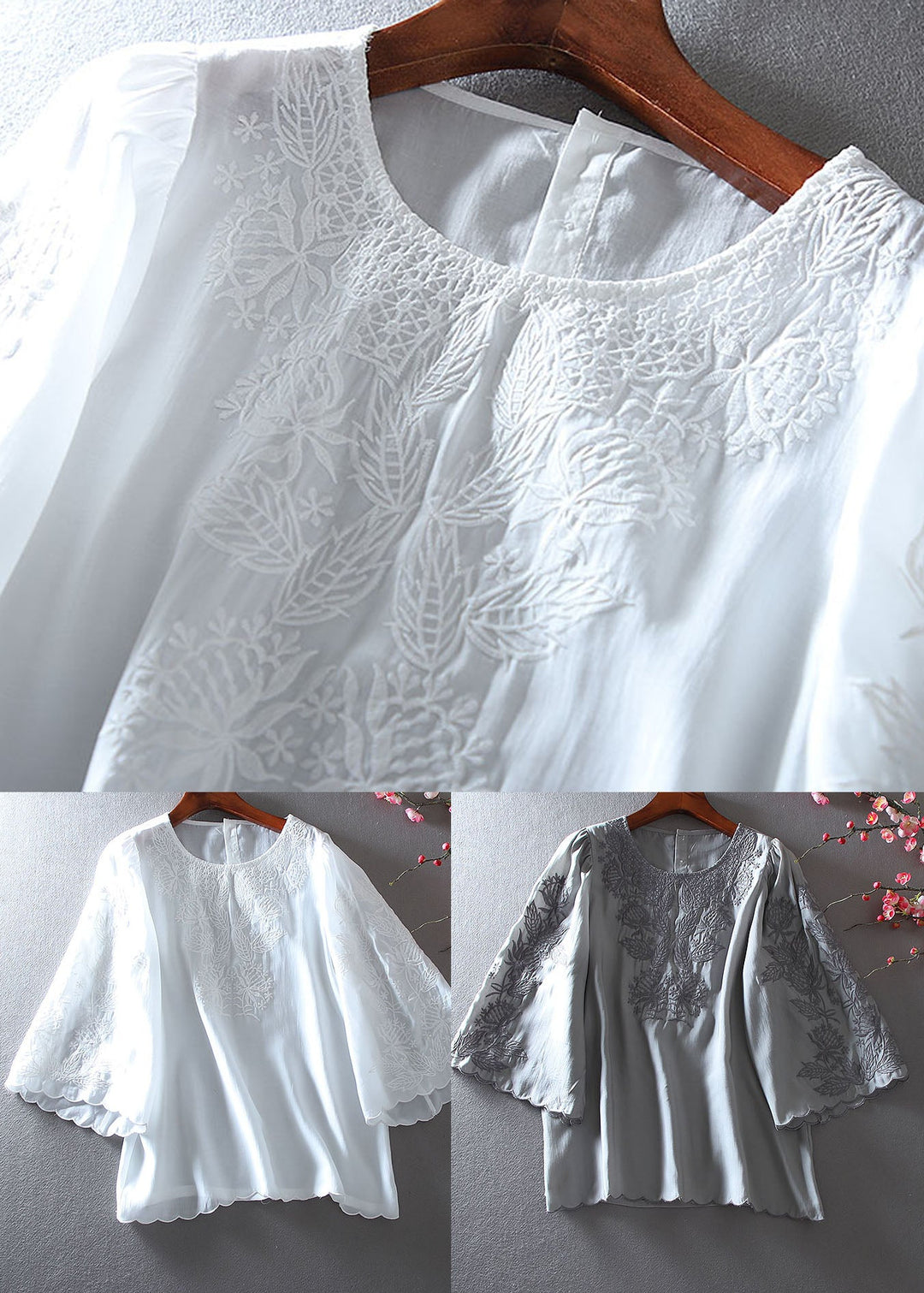 Vintage White Embroidered Chiffon Shirt Tops Summer