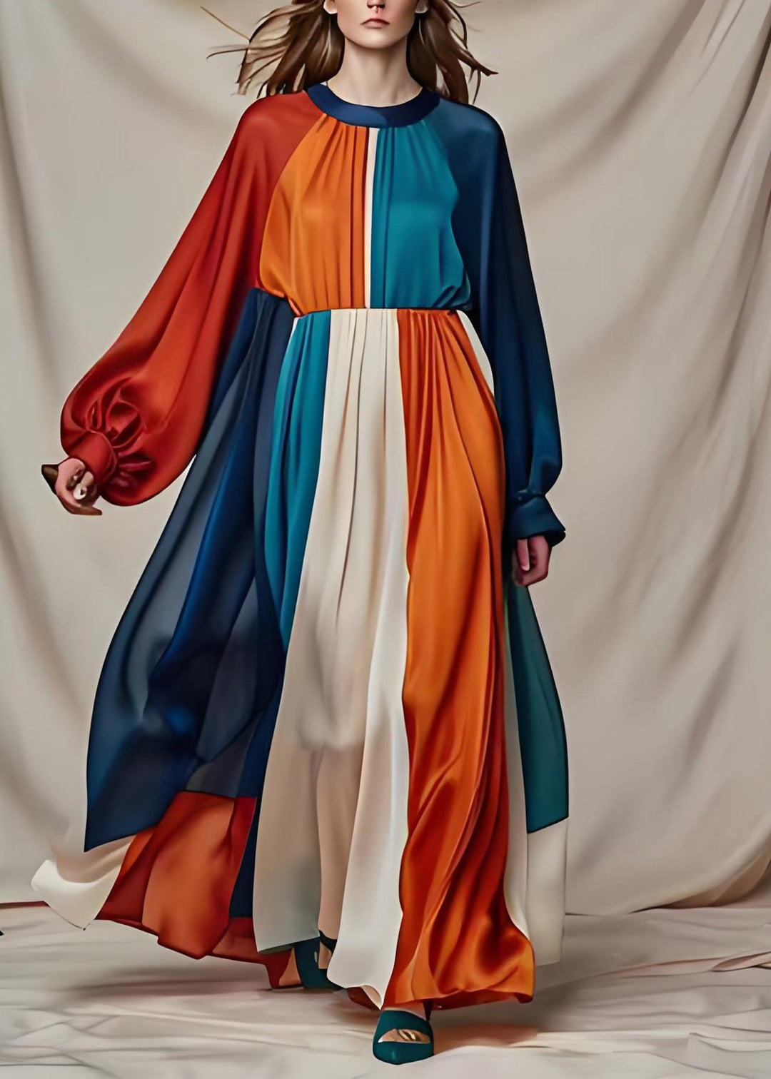 Vogue Colorblock O Neck Patchwork Draping Silk Maxi Dresses Long Sleeve