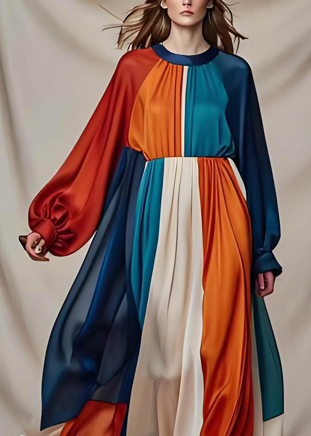 Vogue Colorblock O Neck Patchwork Draping Silk Maxi Dresses Long Sleeve