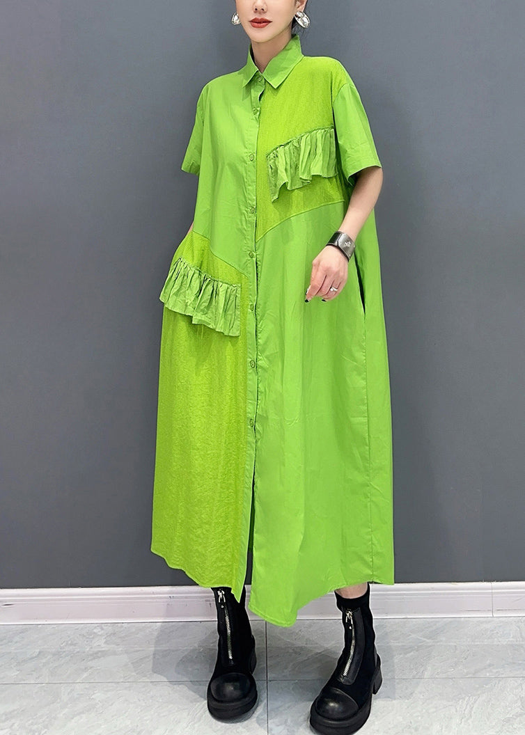 Vogue Green Peter Pan Collar Patchwork Button Maxi Dress Summer