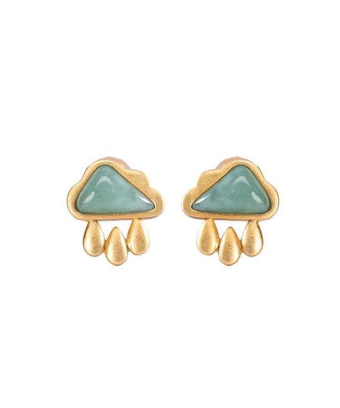 Vogue Green Sterling Silver Overgild Jade Cloud Water Drop Stud Earrings