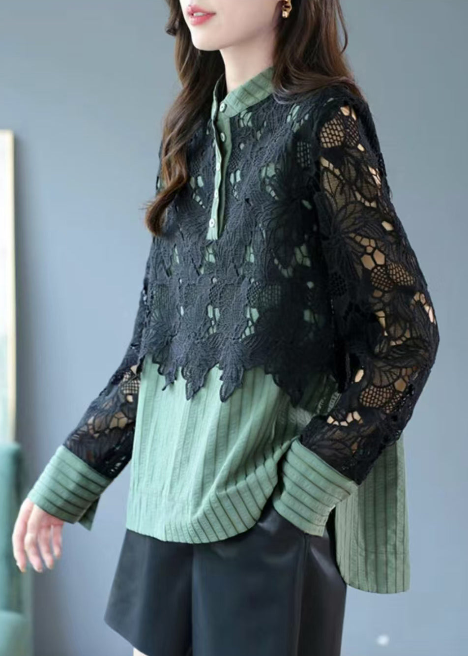 Vogue Green Striped Button Lace Patchwork Shirt Spring