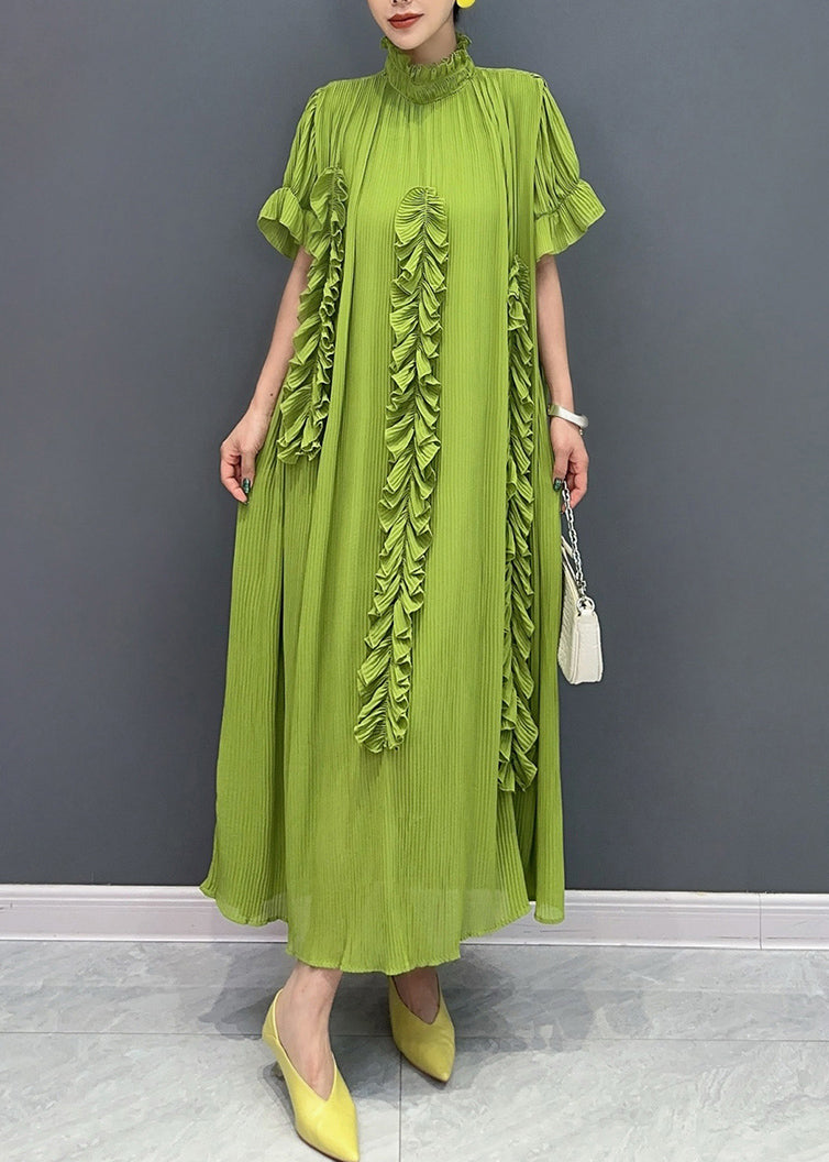 Vogue Green Turtleneck Ruffled Wrinkled Maxi Dress Short Sleeve