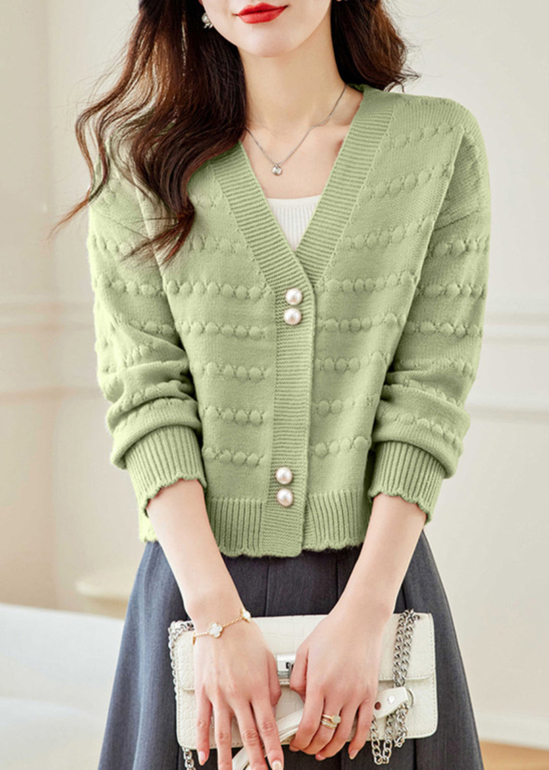 Vogue Green V Neck Button Knit Coat Fall